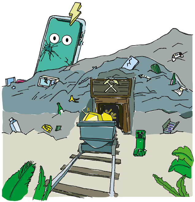 Smartphone steckt in einem Müllberg.